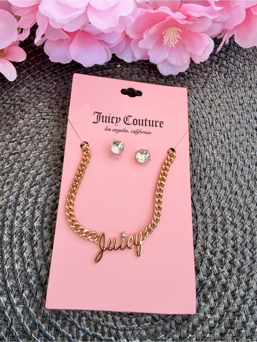 Juicy Couture Gold Logo Chain Necklace with Clear Crystal Studs on Pink Card